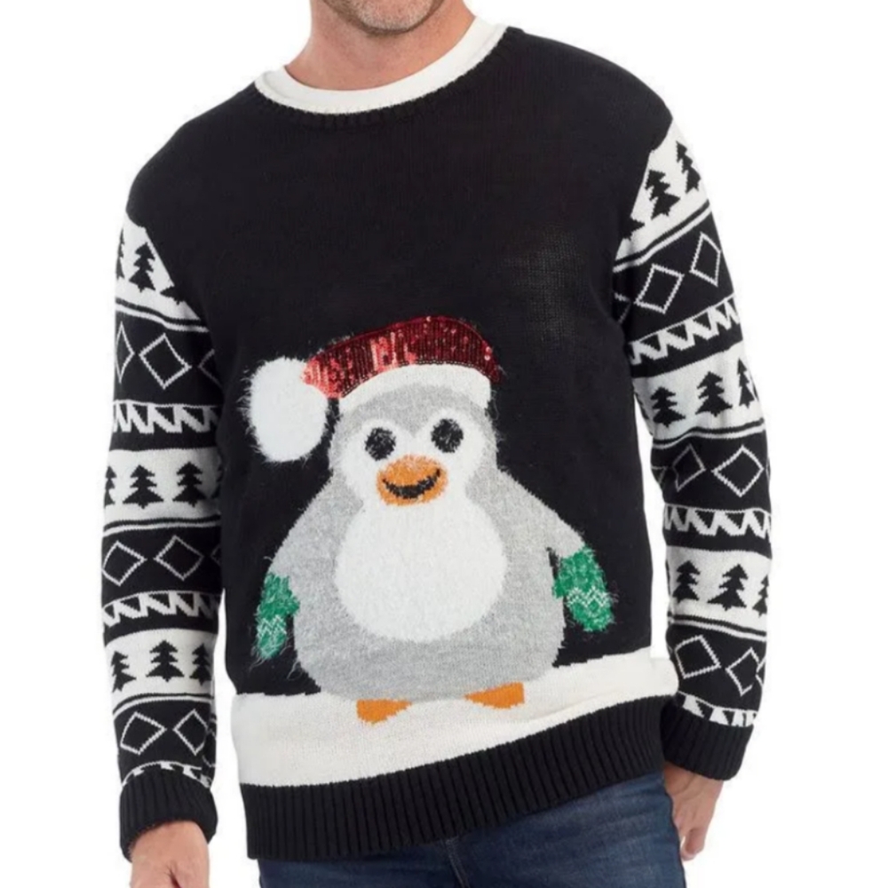 One Resolution Ugly Sweater Men Large Black Multi Knit Penguin Christmas‎ Party